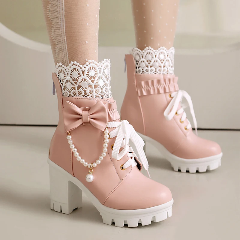 Women Pink String Bead Princess Ankle Boots Sweet White Hollow Laces Bowknot Lolita Booties Black Pearls Block High Heels Shoes
Women Pink String Bead Princess Ankle Boots Sweet White Hollow Laces Bowknot Lolita Booties Black Pearls Block High Heels Shoes