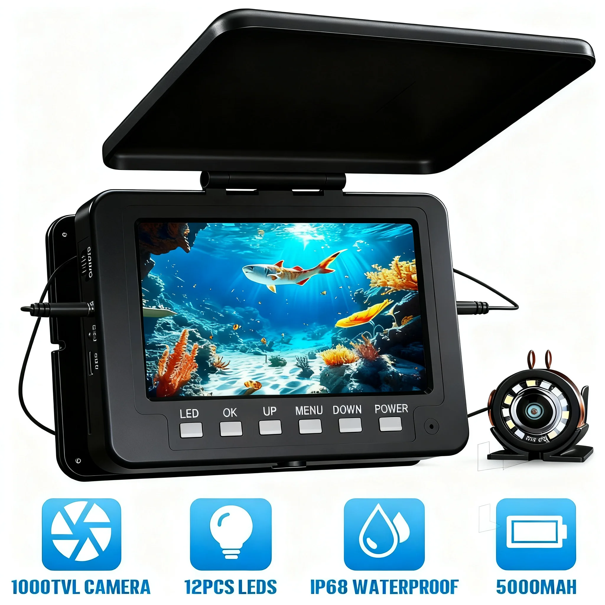 HD Fish Finder: Underwater Fishing Camera, Battery 5000MAH,5" Ice Fishing, USB-C Charge,1000TVL with12pcs infrared lamps
HD Fish Finder: Underwater Fishing Camera, Battery 5000MAH,5" Ice Fishing, USB-C Charge,1000TVL with12pcs infrared lamps