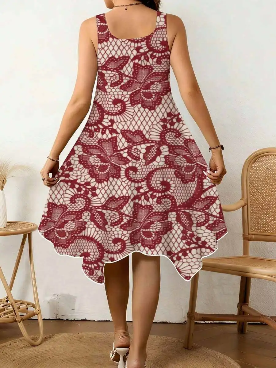 Women V Neck Irregular Hem Red Floral Lace Print Summer Casual Dress
Women V Neck Irregular Hem Red Floral Lace Print Summer Casual Dress