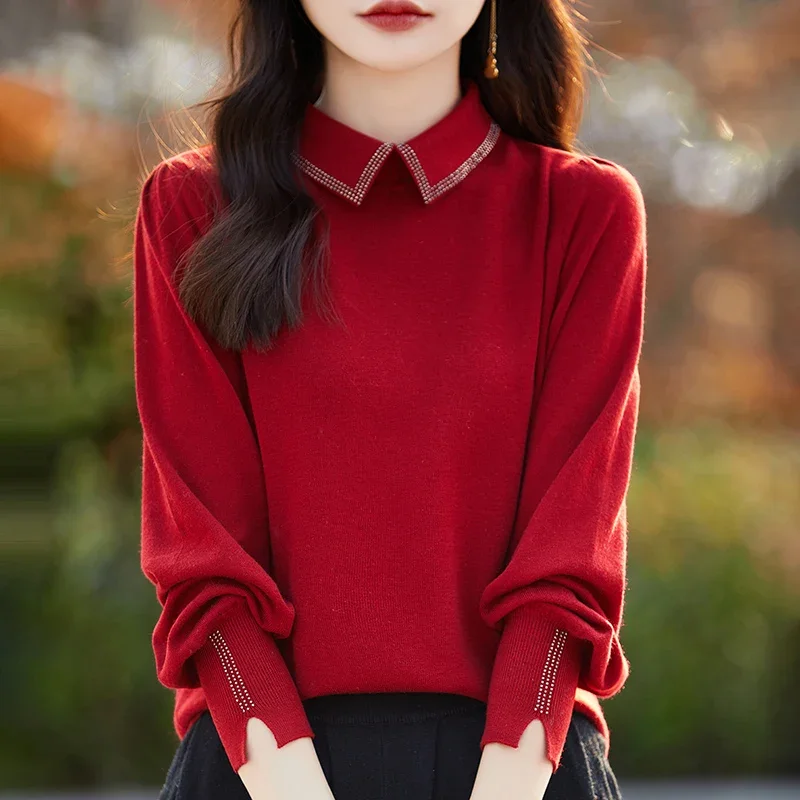Pop Spring New 100% Wool Polo Collar Sweater Women Fashion Solid Color Diamond Autumn Basic Top Knitted Lantern Sleeve Female Ju
Pop Spring New 100% Wool Polo Collar Sweater Women Fashion Solid Color Diamond Autumn Basic Top Knitted Lantern Sleeve Female Ju