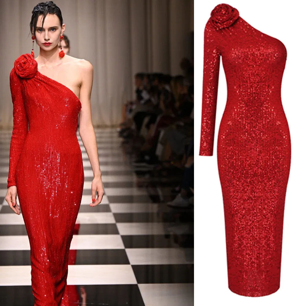 Elegant Red Sequin Floral Midi Dress Single Shoulder Long Sleeve Party Dress Fashionable Evening Gown for Wedding And Perform...
Elegant Red Sequin Floral Midi Dress Single Shoulder Long Sleeve Party Dress Fashionable Evening Gown for Wedding And Perform...