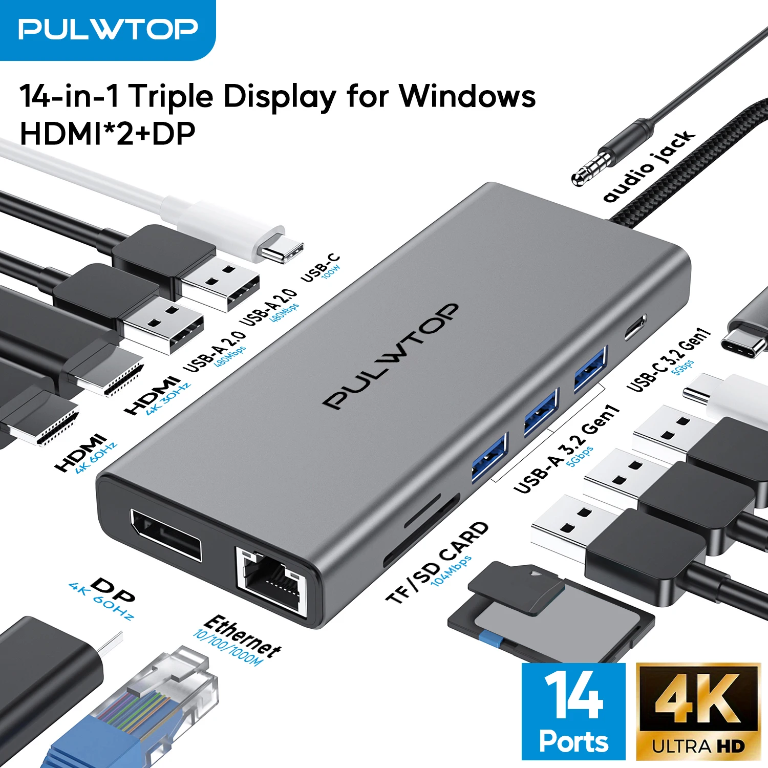 Док-станция PULWTOP 14 в 1, 4K HDMI, концентратор USB C с тройным дисплеем и 2 HDMI 4K, DP 4K, USB A/C, PD 100 Вт, Ethernet, TF/SD
Док-станция PULWTOP 14 в 1, 4K HDMI, концентратор USB C с тройным дисплеем и 2 HDMI 4K, DP 4K, USB A/C, PD 100 Вт, Ethernet, TF/SD