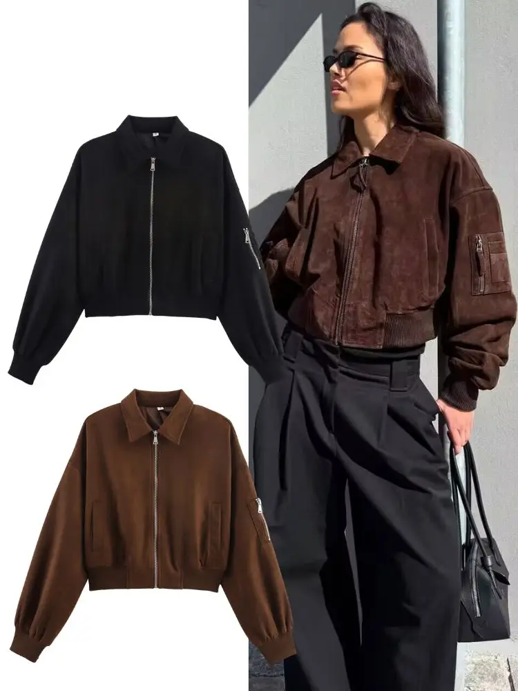 HH Fashion Women's Suede Short Bomber Jackets 2025 Autumn Casual Long Sleeve Lapel Zipper Cropped Coat Lady High Street Outwear
HH Fashion Women's Suede Short Bomber Jackets 2025 Autumn Casual Long Sleeve Lapel Zipper Cropped Coat Lady High Street Outwear