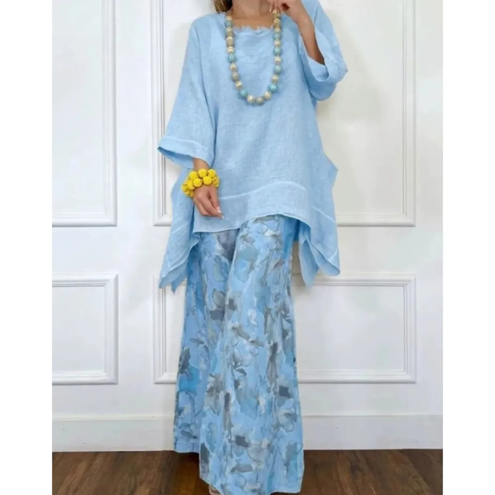 Fashion Cotton Linen Irregular Tops Casual Printed Wide-leg Trousers Set Spring Autumn Loose Holiday Women Trousers 2 piece Set
Fashion Cotton Linen Irregular Tops Casual Printed Wide-leg Trousers Set Spring Autumn Loose Holiday Women Trousers 2 piece Set