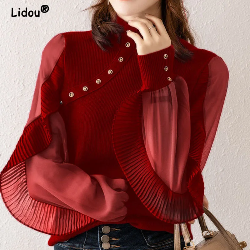 Elegant Fashion Autumn Winter O-Neck Knitted Splicing Chiffon Solid Color Pullovers for Women 2022 New Pleated Ruffles Rivet top
Elegant Fashion Autumn Winter O-Neck Knitted Splicing Chiffon Solid Color Pullovers for Women 2022 New Pleated Ruffles Rivet top