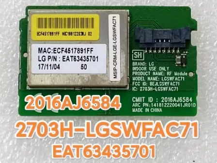 EAT 63435701 EAT 63435703 Модуль Wi-Fi WLAN LGSWFAC71 Радиочастотный модуль BEJLGSWFAC71 2016AJ6584 2703H-LGSWFAC71 TWFM-K008D
EAT 63435701 EAT 63435703 Модуль Wi-Fi WLAN LGSWFAC71 Радиочастотный модуль BEJLGSWFAC71 2016AJ6584 2703H-LGSWFAC71 TWFM-K008D