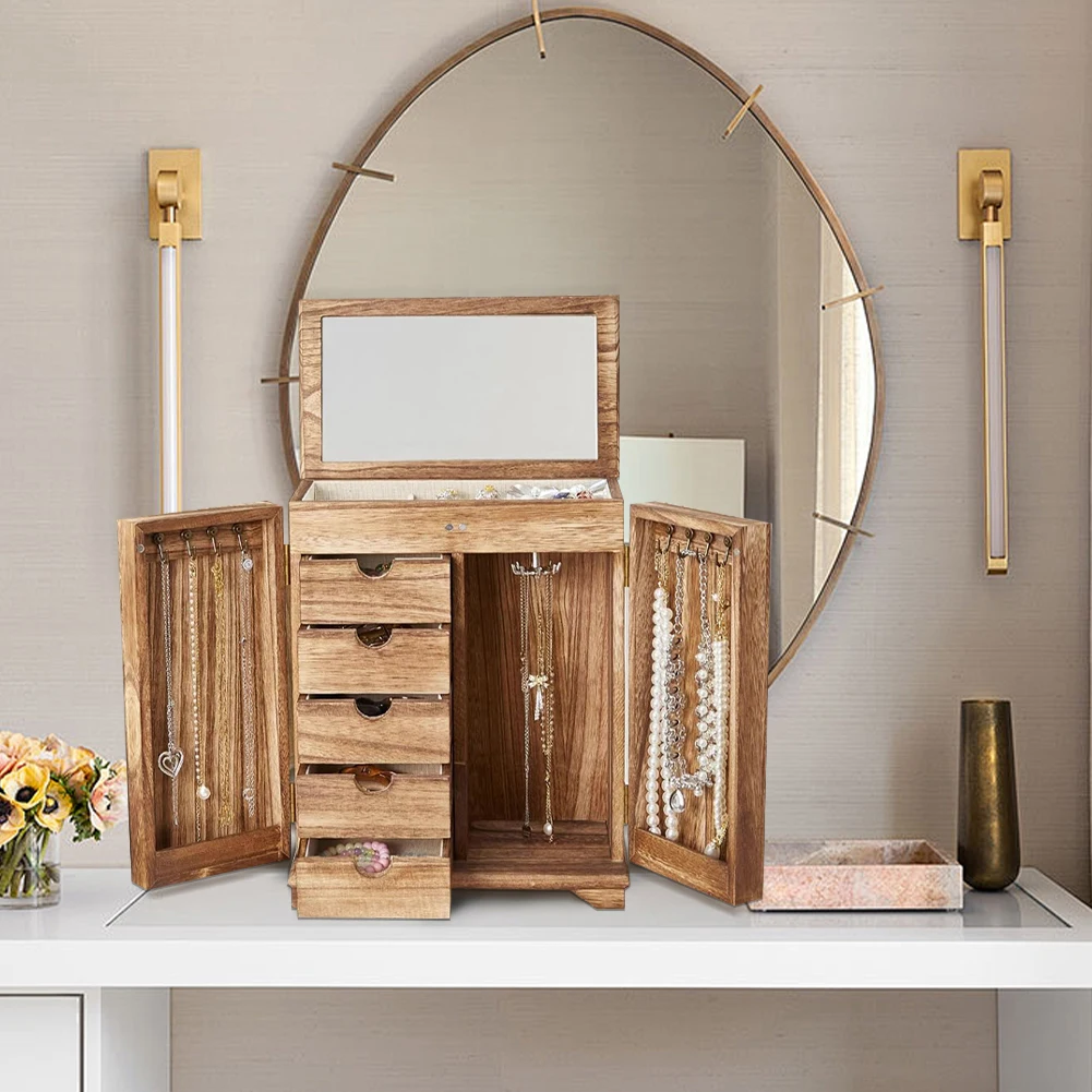 Wood Jewelry Box Jewelry Storage Box 5 Layer Jewelry Holder with Drawers & Mirror Jewelry Display Box for Necklaces Earrings
Wood Jewelry Box Jewelry Storage Box 5 Layer Jewelry Holder with Drawers & Mirror Jewelry Display Box for Necklaces Earrings