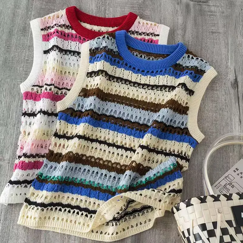 Korean Fashion Cropped Sweater Women Vest Striped Contrast Casual Vest O Neck Pullover Vest for Women Hollow Out Design Tops New
Korean Fashion Cropped Sweater Women Vest Striped Contrast Casual Vest O Neck Pullover Vest for Women Hollow Out Design Tops New