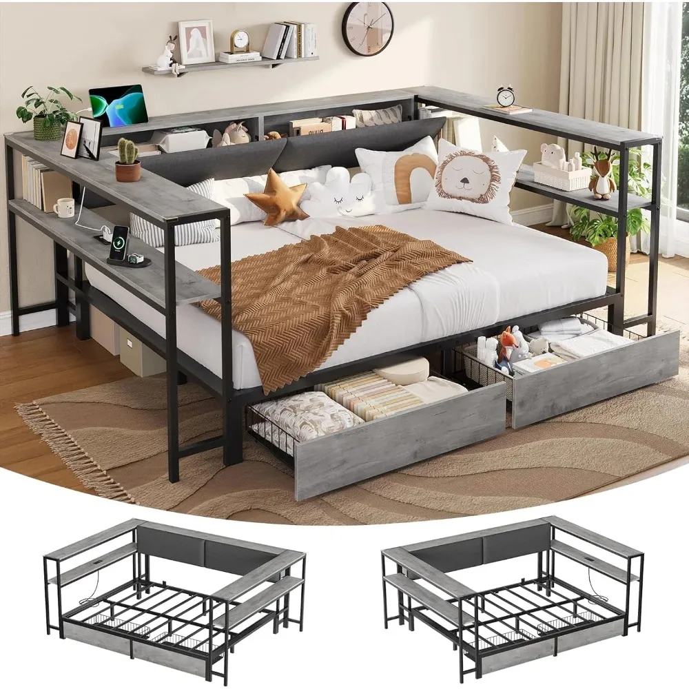 Full Size Corner Bed Frame with Charging Station & Storage Shelves, Metal Platform Bed Frame with 2 Drawers, Full Daybeds
Full Size Corner Bed Frame with Charging Station & Storage Shelves, Metal Platform Bed Frame with 2 Drawers, Full Daybeds
