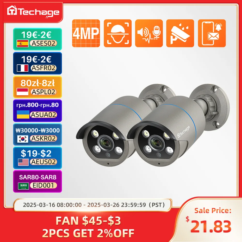 Techage HD 4MP AI POE IP Camera Two Way Audio IR Night Outdoor Waterproof CCTV Video Security Surveillance Camera For NVR Kit
Techage HD 4MP AI POE IP Camera Two Way Audio IR Night Outdoor Waterproof CCTV Video Security Surveillance Camera For NVR Kit