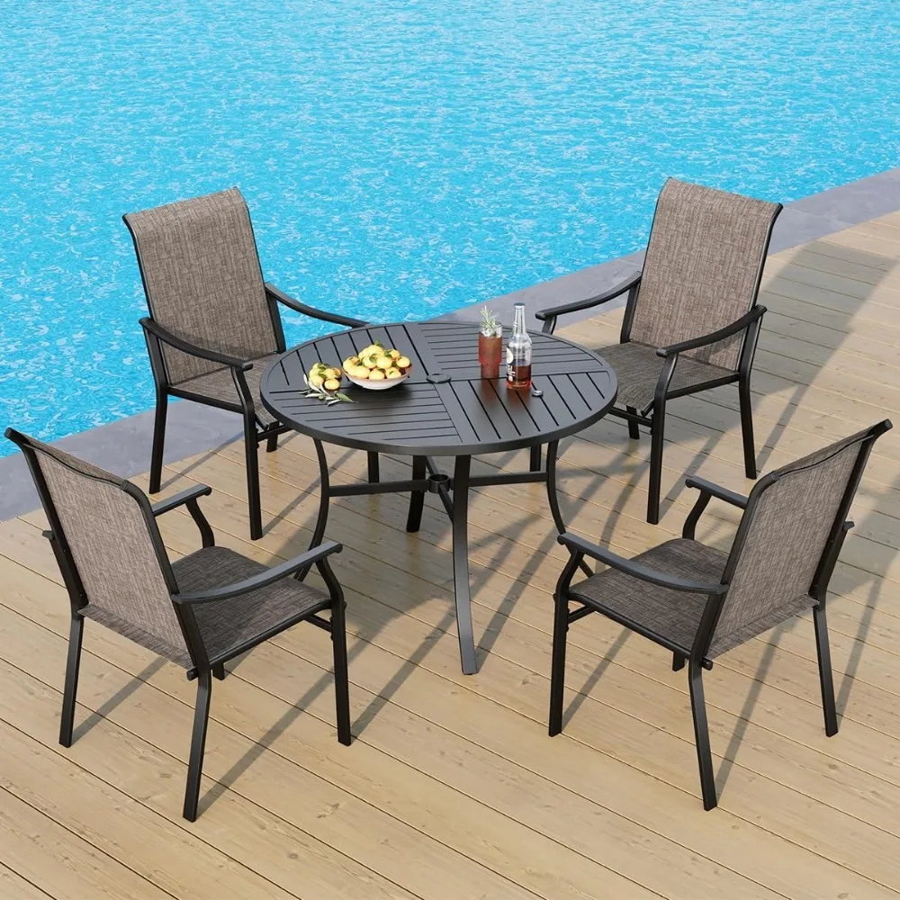 5 pcs Patio Round Dining Table and Chairs,Textilene Dining Chairs Sturdy and Durable and Round Metal Table with Umbrel
5 pcs Patio Round Dining Table and Chairs,Textilene Dining Chairs Sturdy and Durable and Round Metal Table with Umbrel