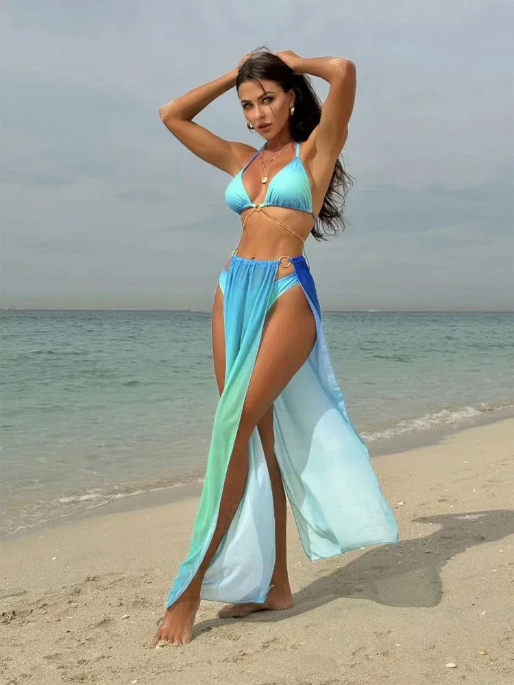 Sexy Bikini Cover-up Skirts Set Women Summer Triangle Halter High Slit Sheer Gradient Long Skirt Suits 2026 Lady Style Beachwear
Sexy Bikini Cover-up Skirts Set Women Summer Triangle Halter High Slit Sheer Gradient Long Skirt Suits 2026 Lady Style Beachwear