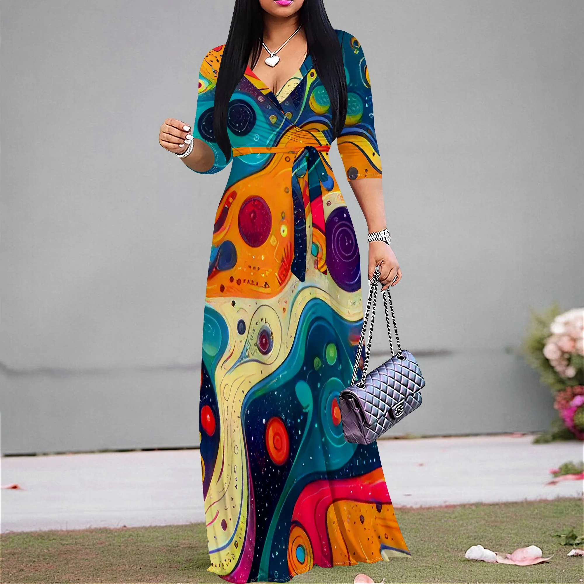 Women's 3/4 Sleeve Sexy V Neck Loose Long Dress Fashion Printed Split Hem Casual Maxi Dress For Women With Pocket and Belt
Women's 3/4 Sleeve Sexy V Neck Loose Long Dress Fashion Printed Split Hem Casual Maxi Dress For Women With Pocket and Belt
