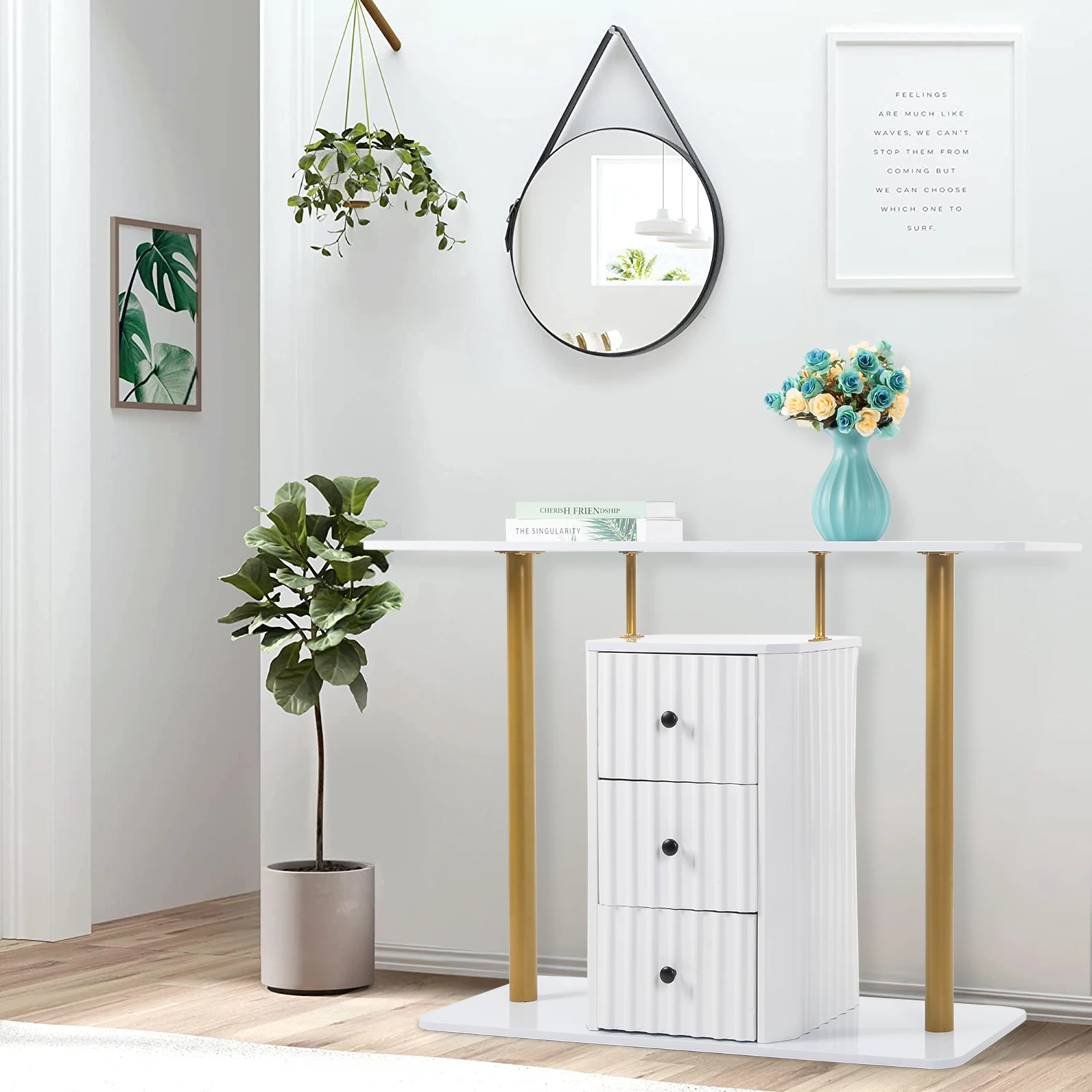 1 layer 3-draw shaped porch table density board with triamine iron pieces 108*40*85cm white panel gold frame
1 layer 3-draw shaped porch table density board with triamine iron pieces 108*40*85cm white panel gold frame