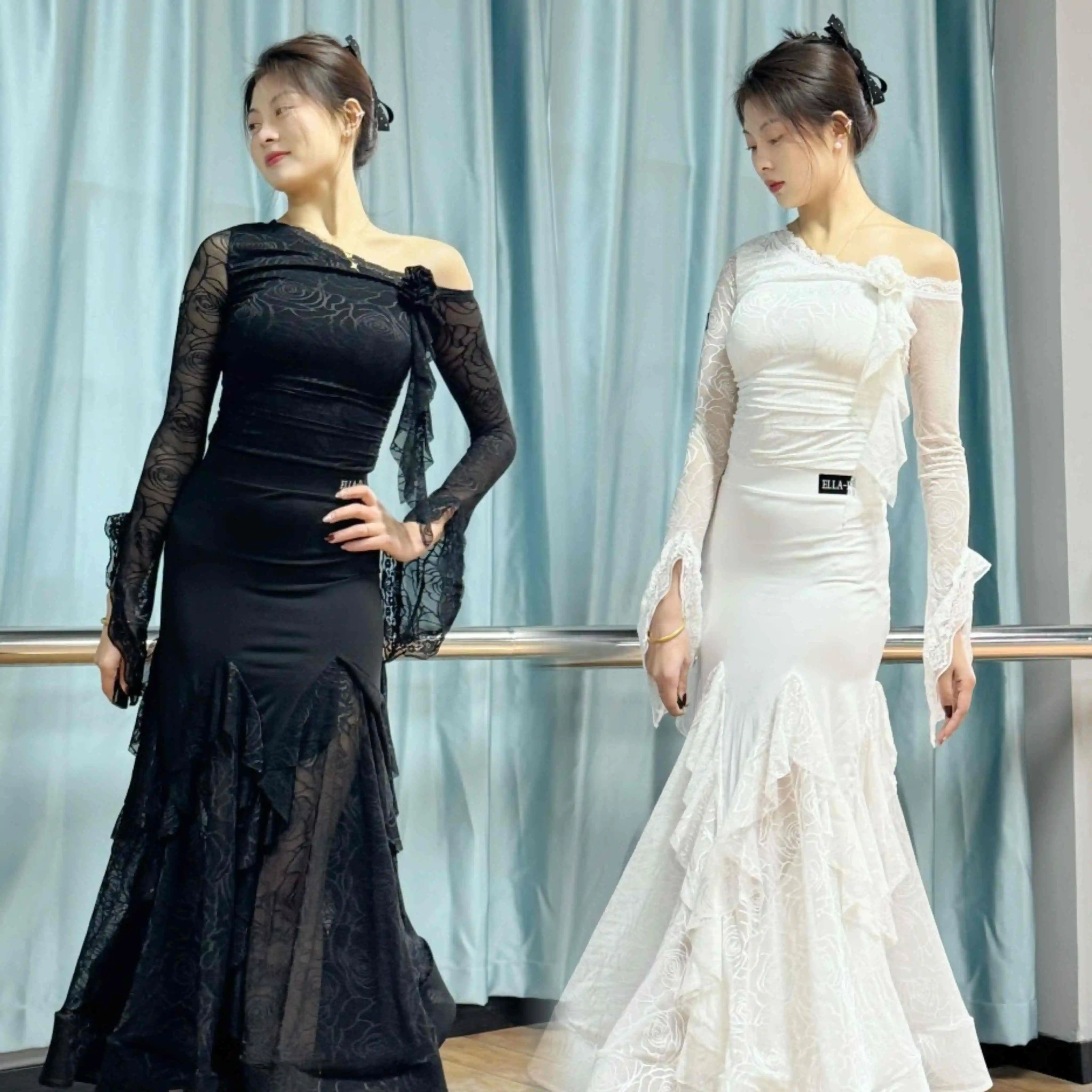 2025 Ballroom Dance Clothes Women Lace Slant Shoulder Tops Long Skirt White Black Competition Dress Waltz Dance Costume DNV22430
2025 Ballroom Dance Clothes Women Lace Slant Shoulder Tops Long Skirt White Black Competition Dress Waltz Dance Costume DNV22430