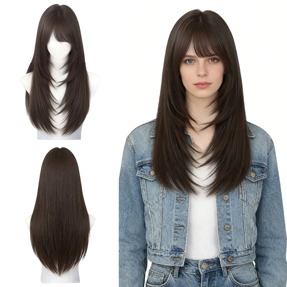 Women's Layered Long Straight Wig Dark Brown With Face Framing Side Bangs High Temperature Fiber Synthetic Wig For Daily Cosplay
Women's Layered Long Straight Wig Dark Brown With Face Framing Side Bangs High Temperature Fiber Synthetic Wig For Daily Cosplay