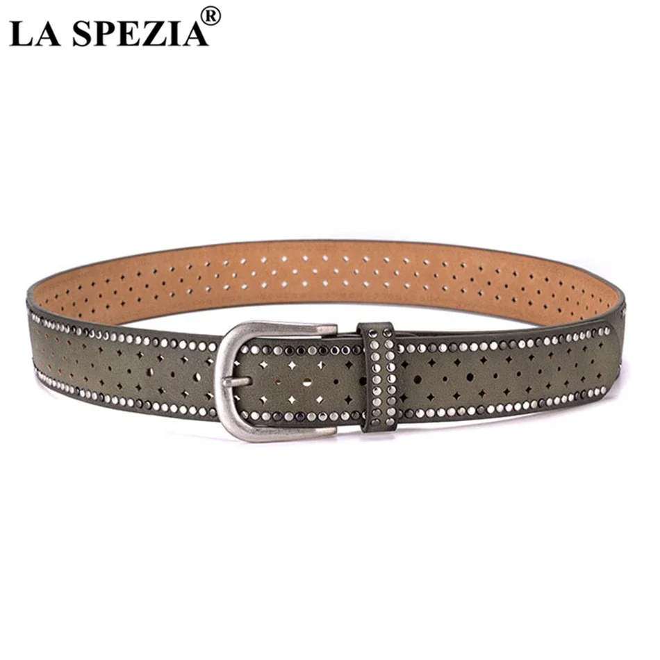 LA SPEZIA Sliver Rivets Leather Green Women Belt Pin Buckle Belts for Trousers Female Navy Hollow Out Vintage Ladies Belt Design
LA SPEZIA Sliver Rivets Leather Green Women Belt Pin Buckle Belts for Trousers Female Navy Hollow Out Vintage Ladies Belt Design