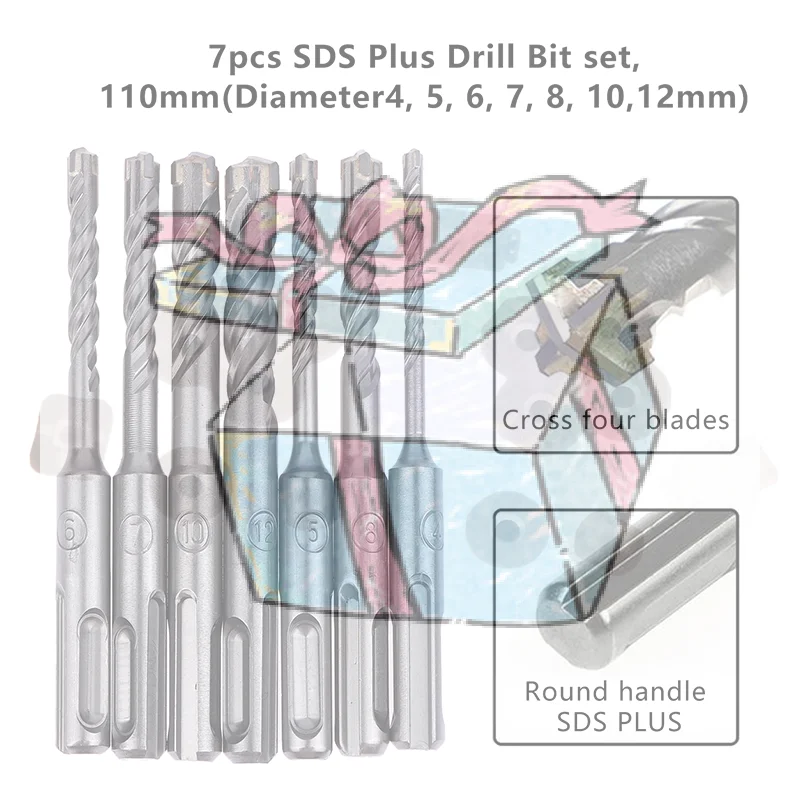 【CCA】Набор из 7 сверл SDS Plus для бетона, 110 мм (диаметры 4, 5, 6, 7, 8, 10, 12 мм), ударные сверла с 4 режущими кромками
【CCA】Набор из 7 сверл SDS Plus для бетона, 110 мм (диаметры 4, 5, 6, 7, 8, 10, 12 мм), ударные сверла с 4 режущими кромками