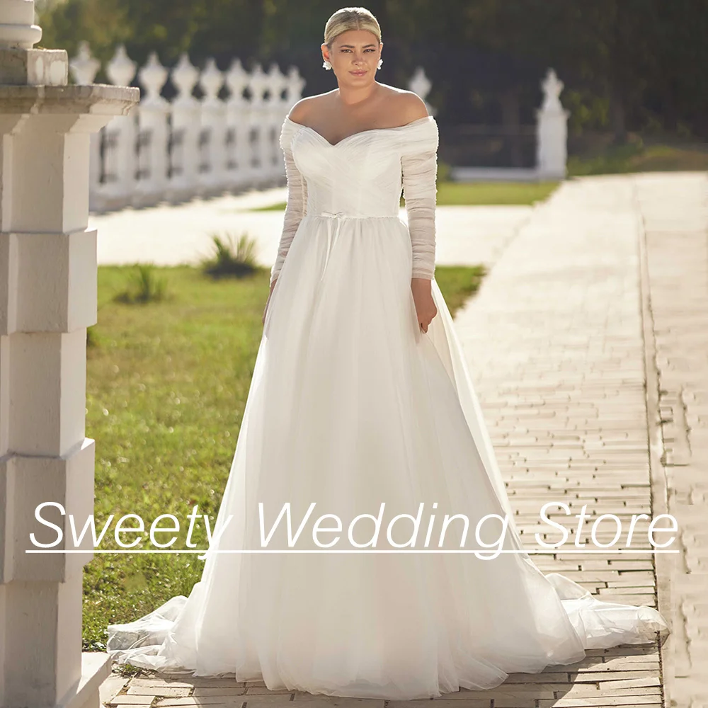 Elegant Tulle Wedding Dress Plus Size Off The Shoulder Long Sleeves Pleat A Line Sweep Train Vestidos De Novia 2024 Bridal Gown
Elegant Tulle Wedding Dress Plus Size Off The Shoulder Long Sleeves Pleat A Line Sweep Train Vestidos De Novia 2024 Bridal Gown