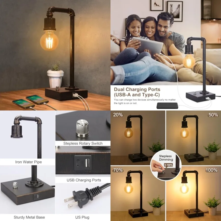 Industrial Table Lamp, Vintage Bedside Lamp with USB C and USB A Charging Ports, Dimmable Steampunk Office Lamp Metal Pipe Edis
Industrial Table Lamp, Vintage Bedside Lamp with USB C and USB A Charging Ports, Dimmable Steampunk Office Lamp Metal Pipe Edis