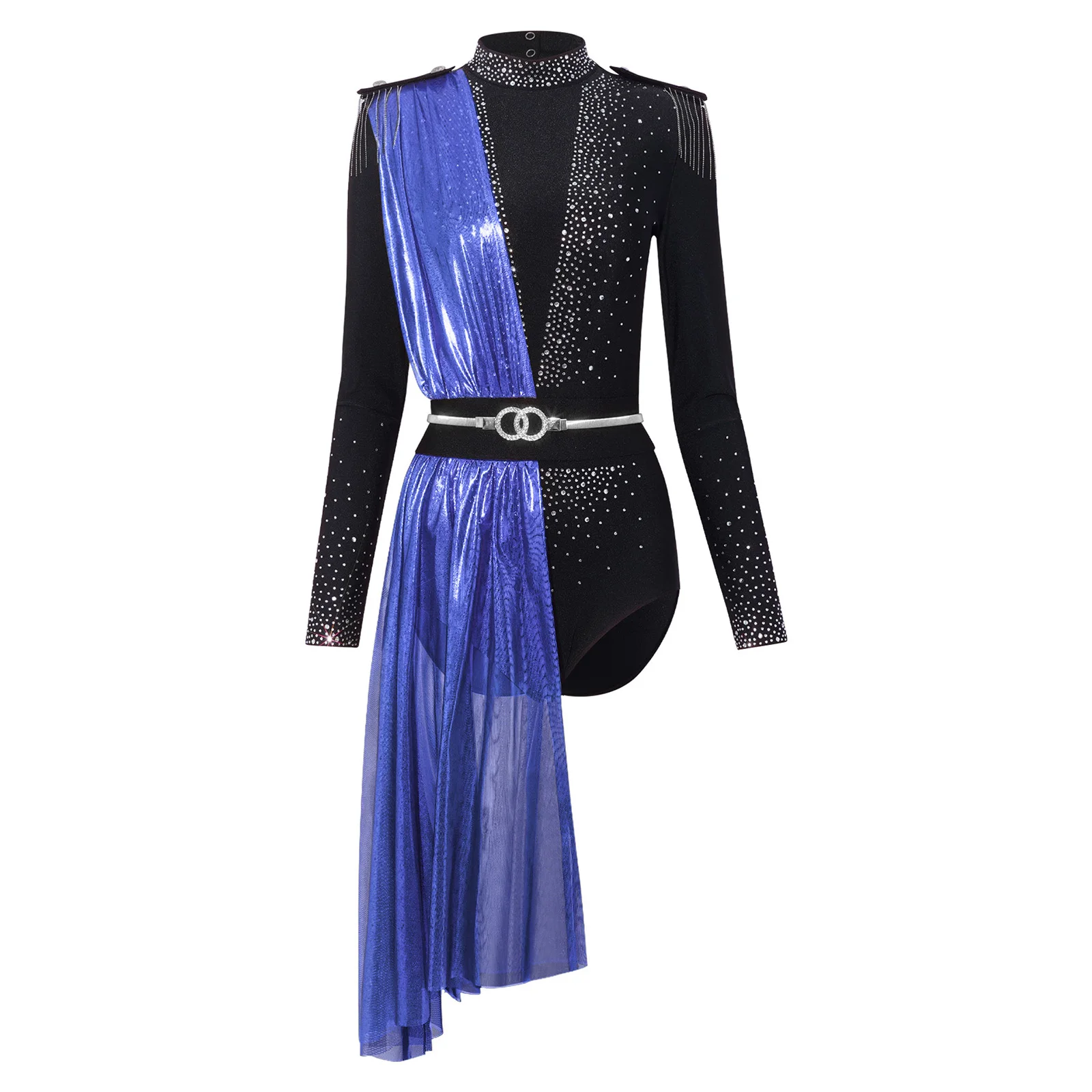 Women Rhinestone Modern Dance Bodysuit Metallic Shiny Drape Long Sleeve Tassel Leotard with Metal Waist Belt Jazz Dancewear
Women Rhinestone Modern Dance Bodysuit Metallic Shiny Drape Long Sleeve Tassel Leotard with Metal Waist Belt Jazz Dancewear