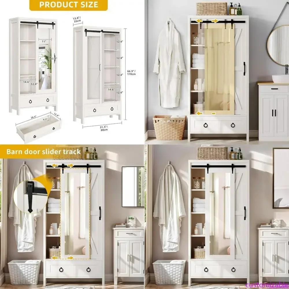 Высокий шкаф для хранения в ванную комнату в стиле фермерского дома с зеркалом в полный рост и раздвижной дверью-амбаром
Высокий шкаф для хранения в ванную комнату в стиле фермерского дома с зеркалом в полный рост и раздвижной дверью-амбаром