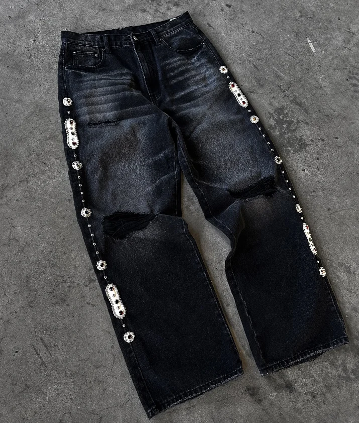 Punk Vintage Rhinestone Embellished Black Jeans Y2k American Style Streetwear Baggy Wide Leg Jeans Men Ripped Denim Pants w859
Punk Vintage Rhinestone Embellished Black Jeans Y2k American Style Streetwear Baggy Wide Leg Jeans Men Ripped Denim Pants w859