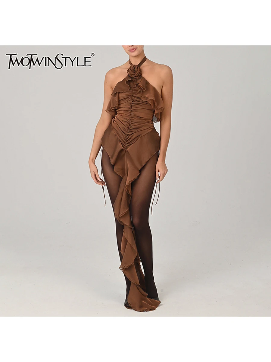 TWOTWINSTYLE Solid Spliced Folds Slimming Dresses For Women Halter Sleeveless High Waist Patchwork Appliques Dress Female New
TWOTWINSTYLE Solid Spliced Folds Slimming Dresses For Women Halter Sleeveless High Waist Patchwork Appliques Dress Female New