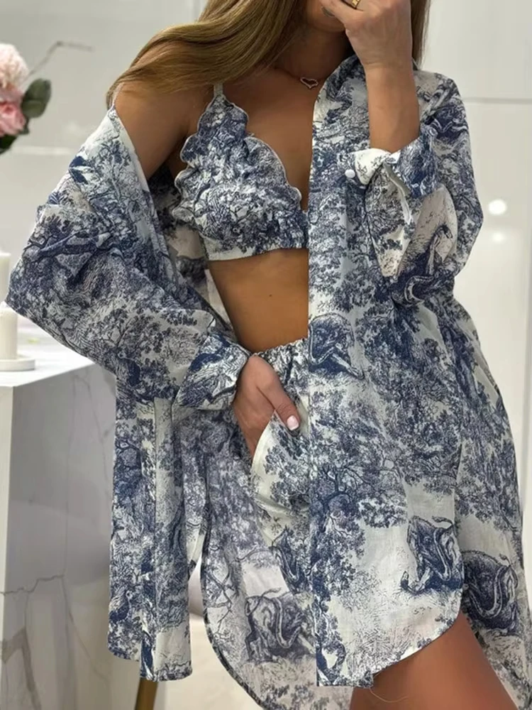 Retro Ink Shirt Three-piece Shorts Suit Women's Summer Casual Long Sleeve Button Print Fashion Shirt with Shorts Suit 2024
Retro Ink Shirt Three-piece Shorts Suit Women's Summer Casual Long Sleeve Button Print Fashion Shirt with Shorts Suit 2024