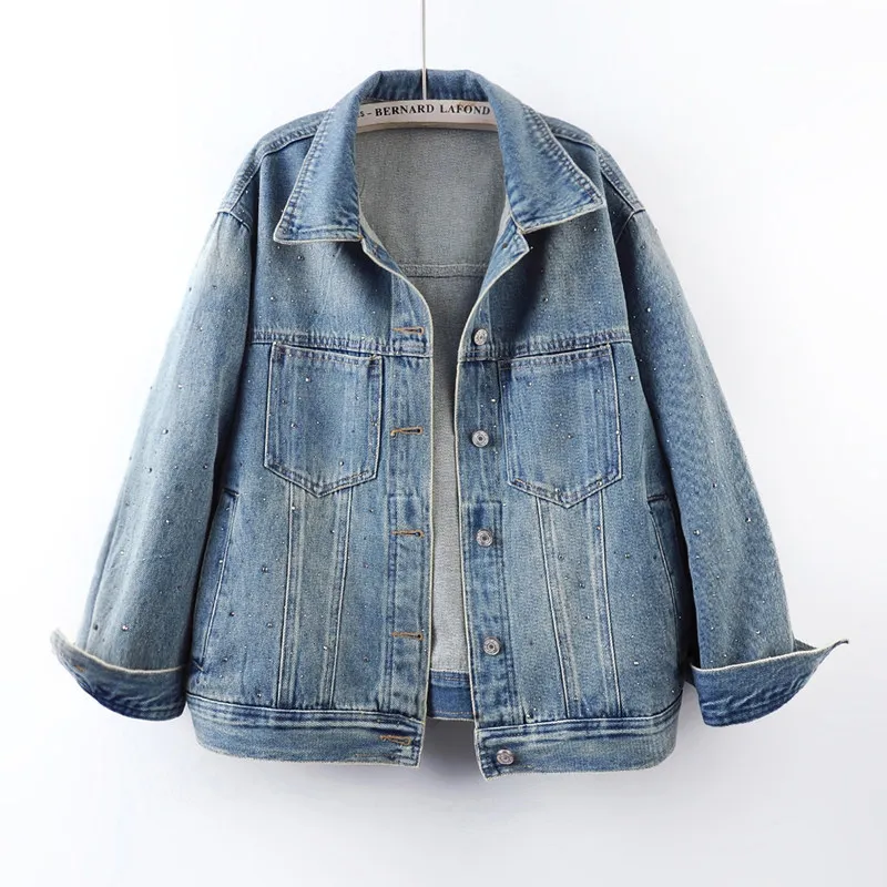 Fashion Rhinestone Blue Casual Denim Jacket Big Pocket Lapel Single-Breasted Long Sleeve Spring Autumn Female Jeans Jacket Coat
Fashion Rhinestone Blue Casual Denim Jacket Big Pocket Lapel Single-Breasted Long Sleeve Spring Autumn Female Jeans Jacket Coat