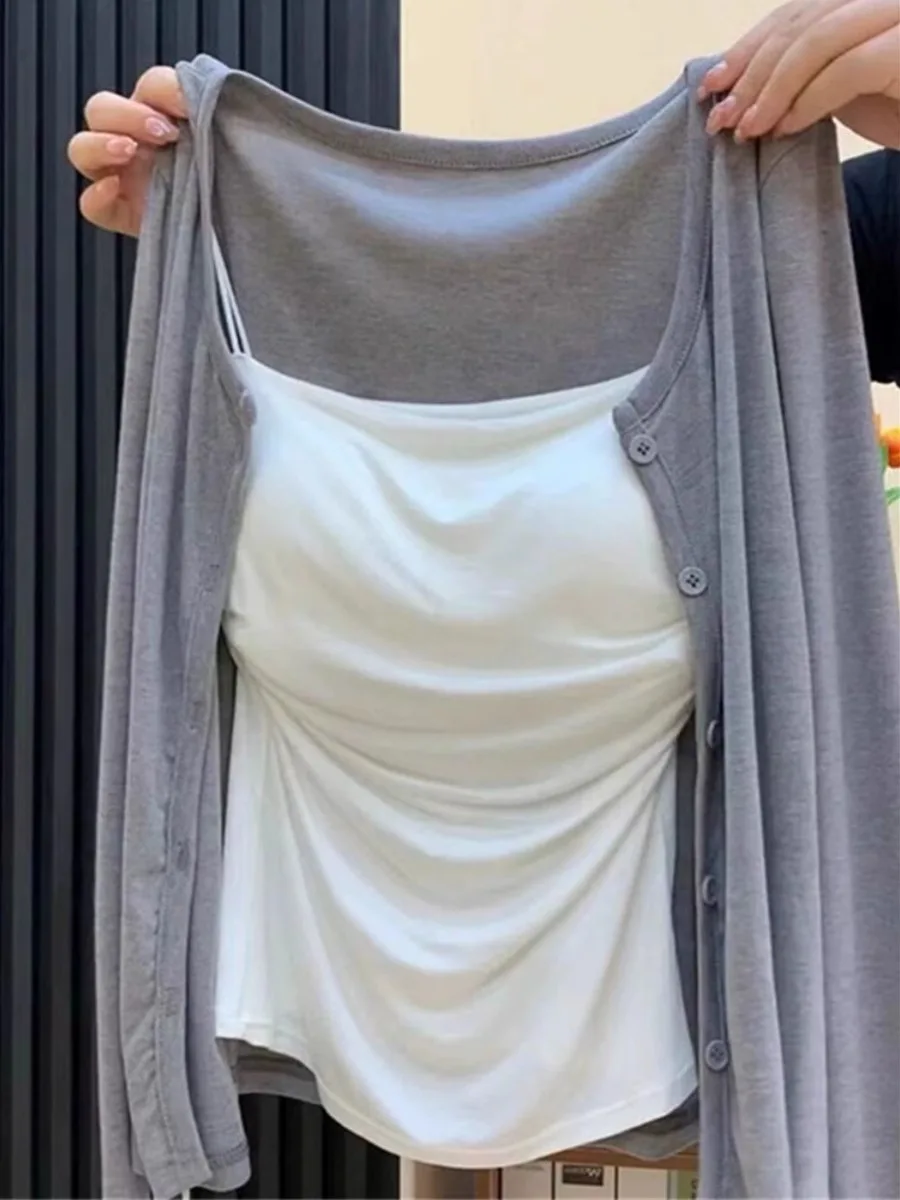 Korean Style Grey Summer Size plus Women's Sun Protection Open Cardigan with Chest Pad White Strap Vest Two-Piece Set
Korean Style Grey Summer Size plus Women's Sun Protection Open Cardigan with Chest Pad White Strap Vest Two-Piece Set