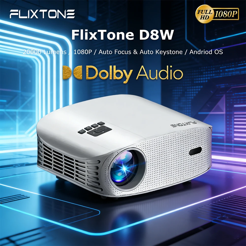 FlixTone D8W 1080P Projector 20000 Lumens Mini Auto Focus Full HD 4K Support Android Smart Home Cinema Beamer with Dolby Audio
FlixTone D8W 1080P Projector 20000 Lumens Mini Auto Focus Full HD 4K Support Android Smart Home Cinema Beamer with Dolby Audio