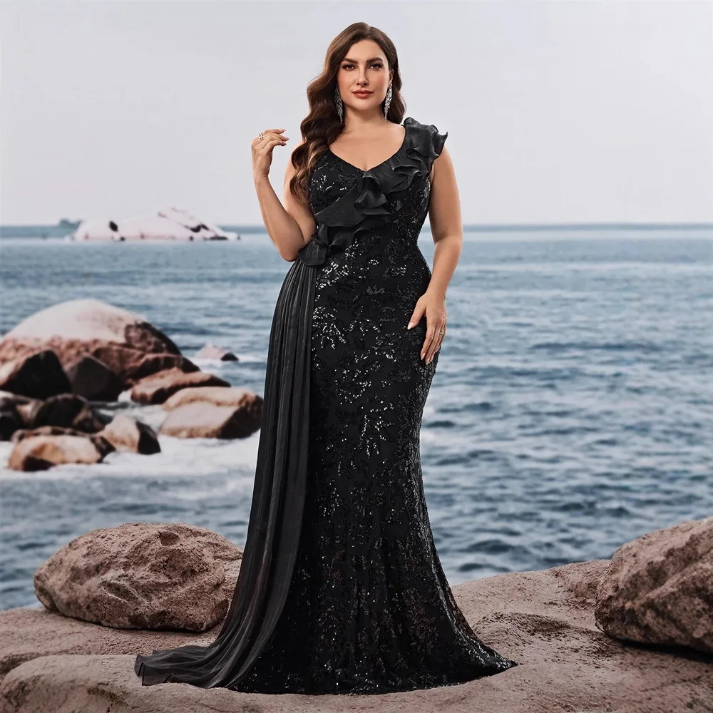 Plus Size Black V Neck One Shoulder Ruffle Draped Sash Floral Sequin Tulle Mermaid Train Maxi Dress Evening Gala Gown
Plus Size Black V Neck One Shoulder Ruffle Draped Sash Floral Sequin Tulle Mermaid Train Maxi Dress Evening Gala Gown