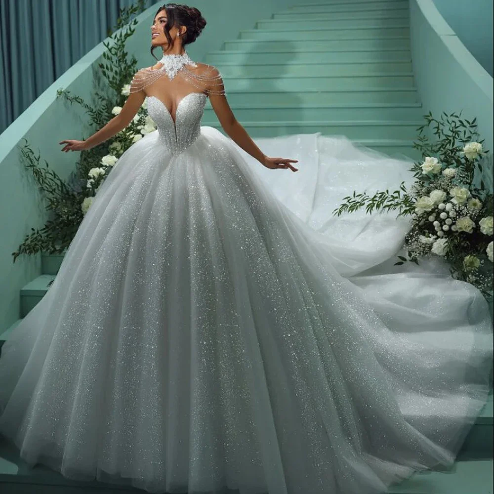 Customized Sweetheart Sparkling Princess Wedding Dress Tulle Beaded A-line Prom Dresses Cathedral Tailed Bridal Dress
Customized Sweetheart Sparkling Princess Wedding Dress Tulle Beaded A-line Prom Dresses Cathedral Tailed Bridal Dress