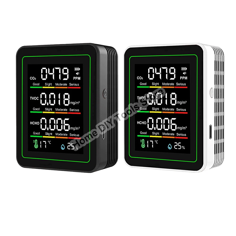 5 in 1 Indoor Air Quality Monitors CO2 HCHO TVOC Humidity Temperature Tester USB Charging LED Display for Home Office
5 in 1 Indoor Air Quality Monitors CO2 HCHO TVOC Humidity Temperature Tester USB Charging LED Display for Home Office