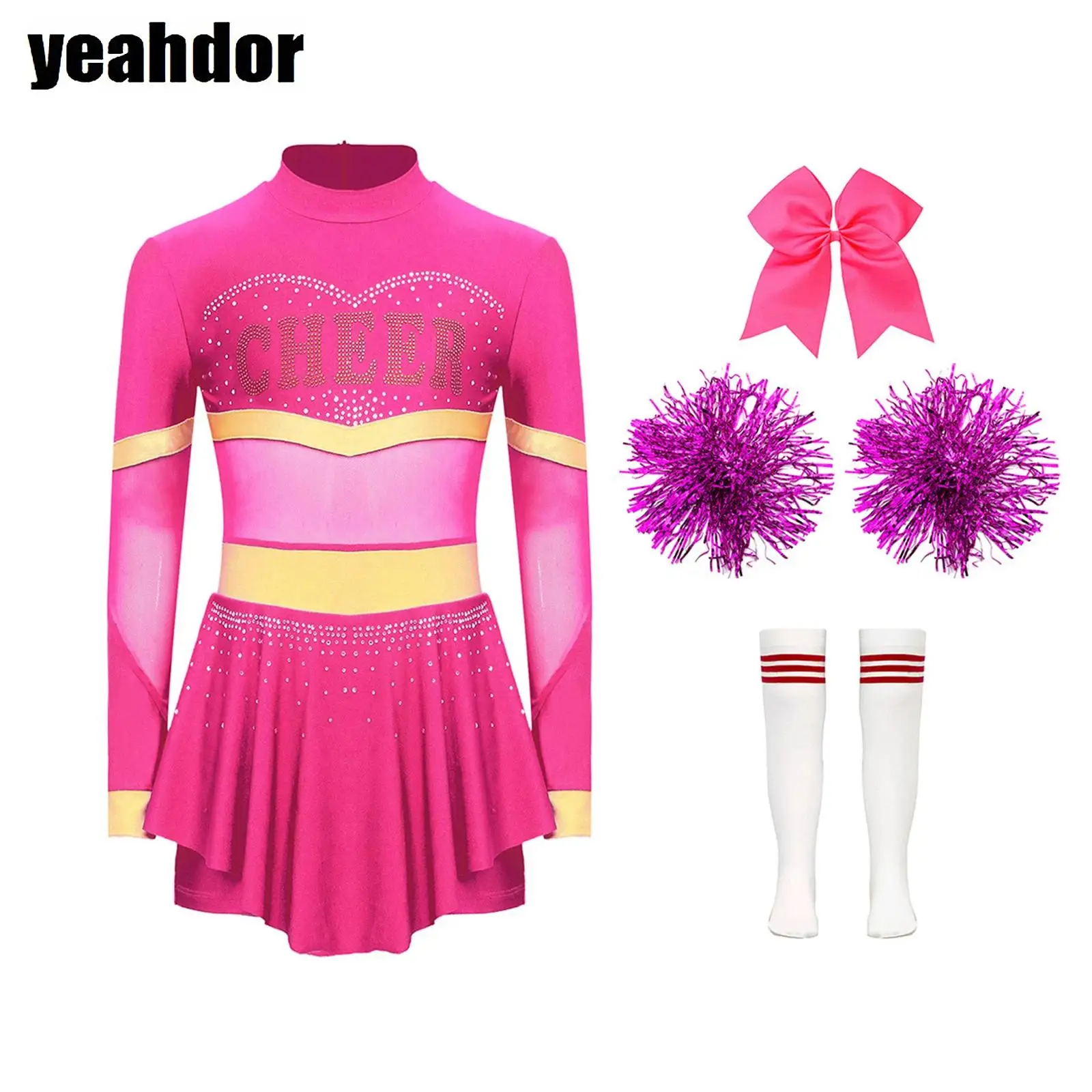Girls Cheerleader Costume Long Sleeve Cheerleading Uniform with Dance Jumpsuit Hand Flower Hair Ties Striped High Tube Socks Set
Girls Cheerleader Costume Long Sleeve Cheerleading Uniform with Dance Jumpsuit Hand Flower Hair Ties Striped High Tube Socks Set