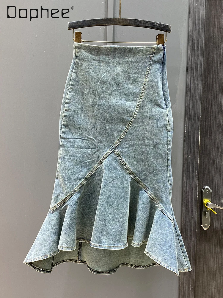 Vintage Elegant Washed Denim Skirt Women 2024 Spring Summer Fishtail Skirt High Waist Fit Ruffled Mid-Length Long Hip Skirt
Vintage Elegant Washed Denim Skirt Women 2024 Spring Summer Fishtail Skirt High Waist Fit Ruffled Mid-Length Long Hip Skirt