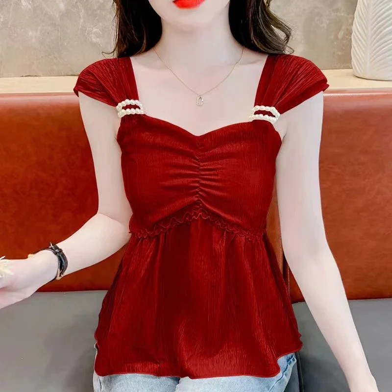 Red Square Neck Ruched Top With Pearl Strap Detail For Women Elegant Party Wear
Red Square Neck Ruched Top With Pearl Strap Detail For Women Elegant Party Wear