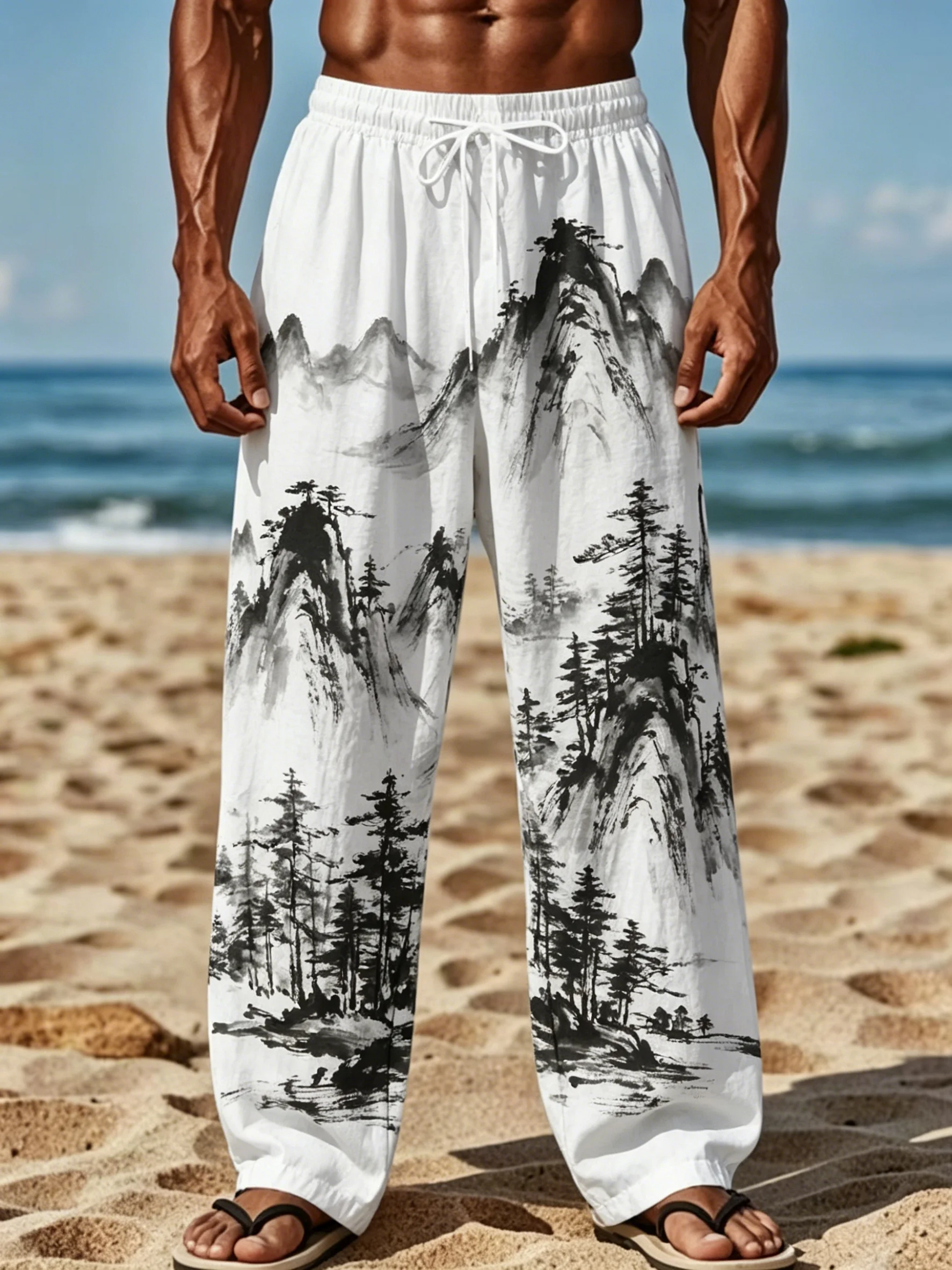 Men's Spring Summer Ink Mountain Pine Print Drawstring Long Pants, Casual Beach Vacation Printed Loose Trousers
Men's Spring Summer Ink Mountain Pine Print Drawstring Long Pants, Casual Beach Vacation Printed Loose Trousers