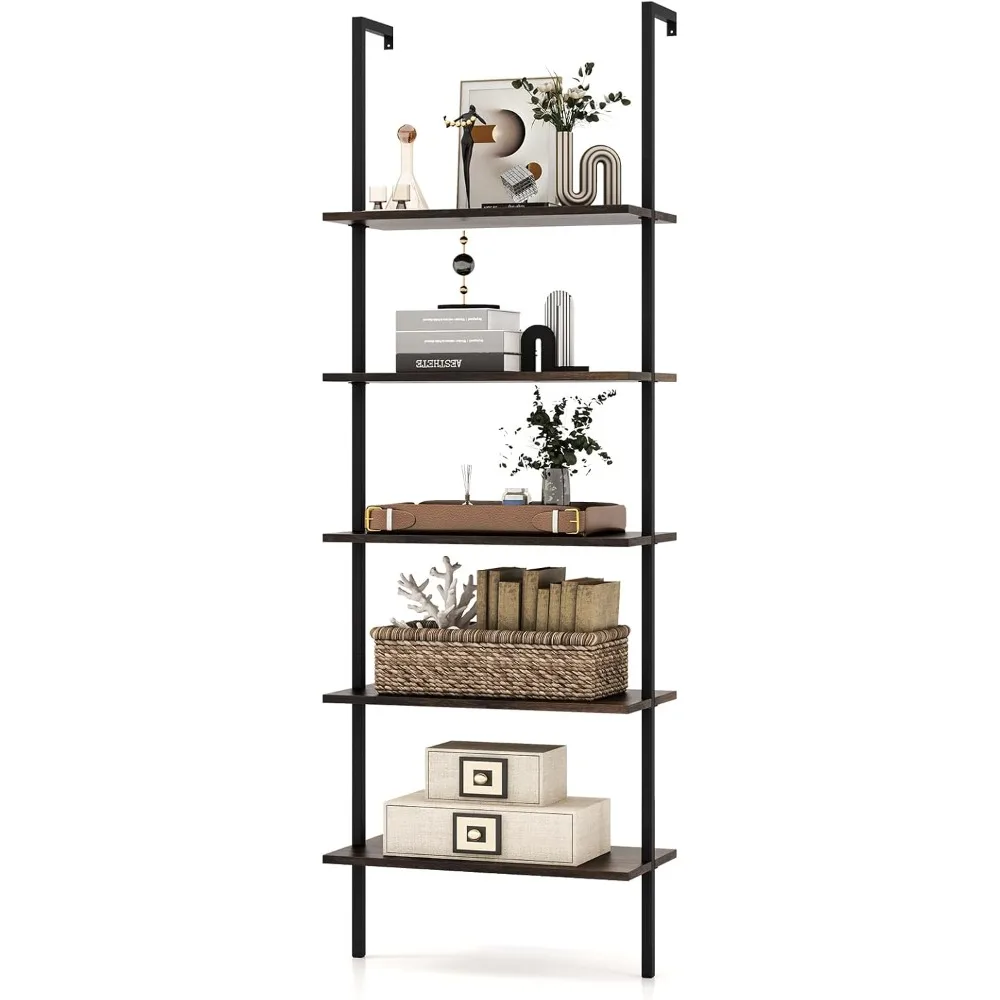 5-Tier Bookshelf, Modern Wall Mounted Ladder Shelf, 5 Tiers Wood Wall Open Bookcase with Metal Frame, Home Office Displ
5-Tier Bookshelf, Modern Wall Mounted Ladder Shelf, 5 Tiers Wood Wall Open Bookcase with Metal Frame, Home Office Displ