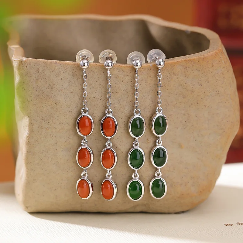 S925 Sterling Silver South Red Agate Hetian Jade Jadeite Cabochon Tassel Earrings Ear Studs
S925 Sterling Silver South Red Agate Hetian Jade Jadeite Cabochon Tassel Earrings Ear Studs
