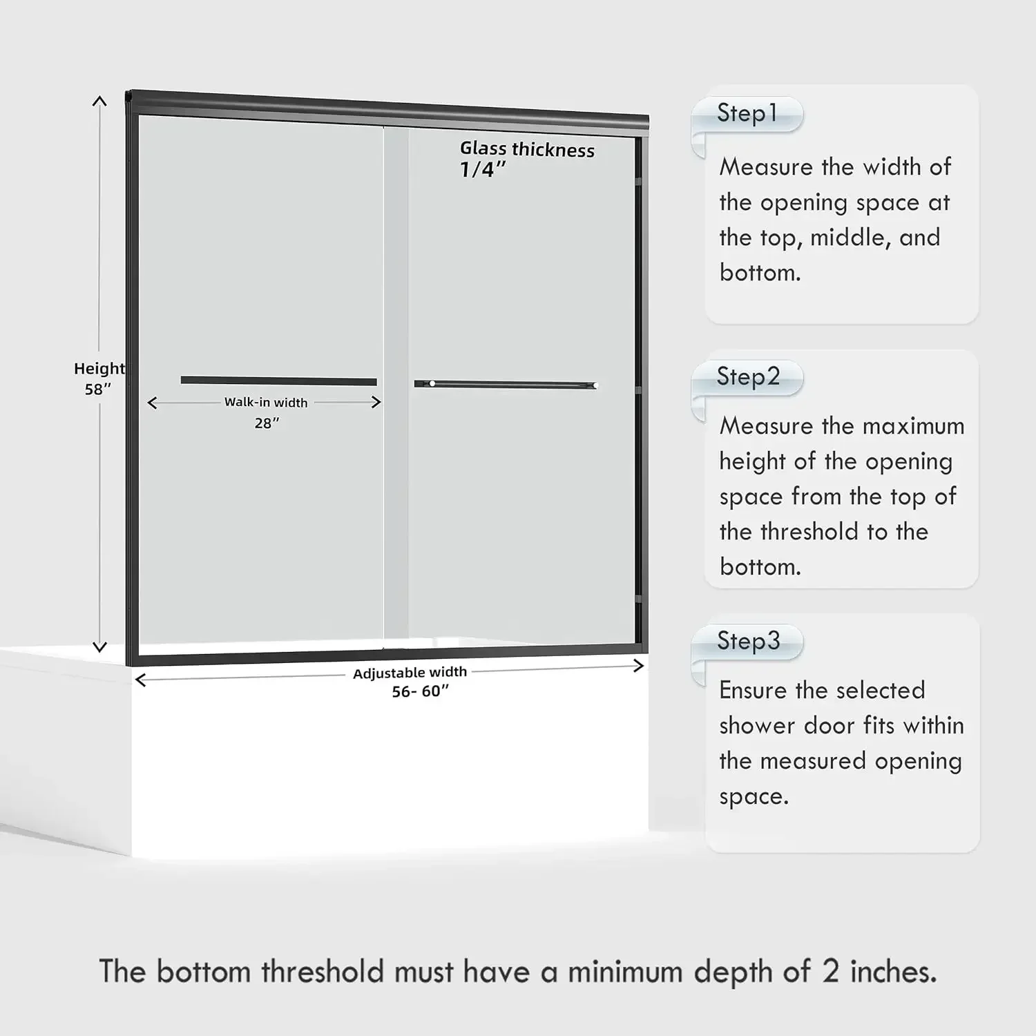 60" W x 58" H Semi-Frameless Bypass Sliding Bathtub Shower Door, Easy-to-Clean Treated Clear Tempered Glass, Matte Black
60" W x 58" H Semi-Frameless Bypass Sliding Bathtub Shower Door, Easy-to-Clean Treated Clear Tempered Glass, Matte Black