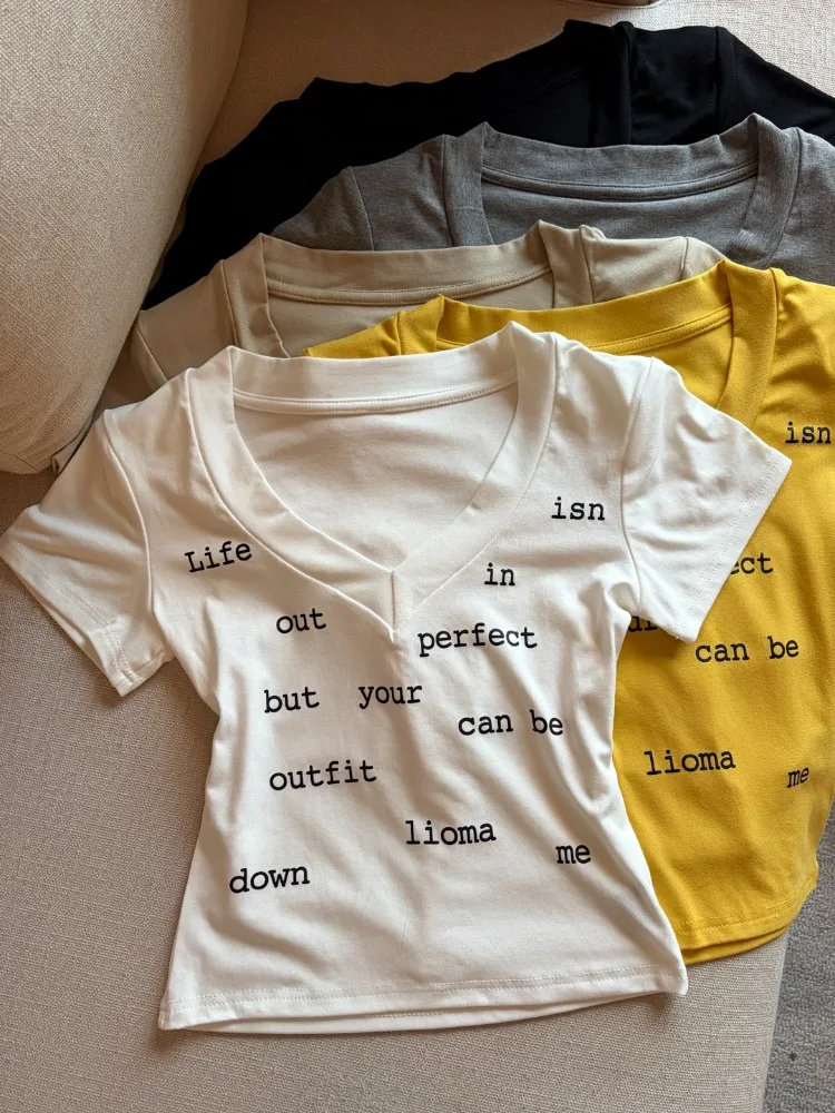 American Style Hot Girl Letter Print V-Neck Short Sleeve T-Shirt Summer New Simple Casual Versatile Fashion Top for Women
American Style Hot Girl Letter Print V-Neck Short Sleeve T-Shirt Summer New Simple Casual Versatile Fashion Top for Women