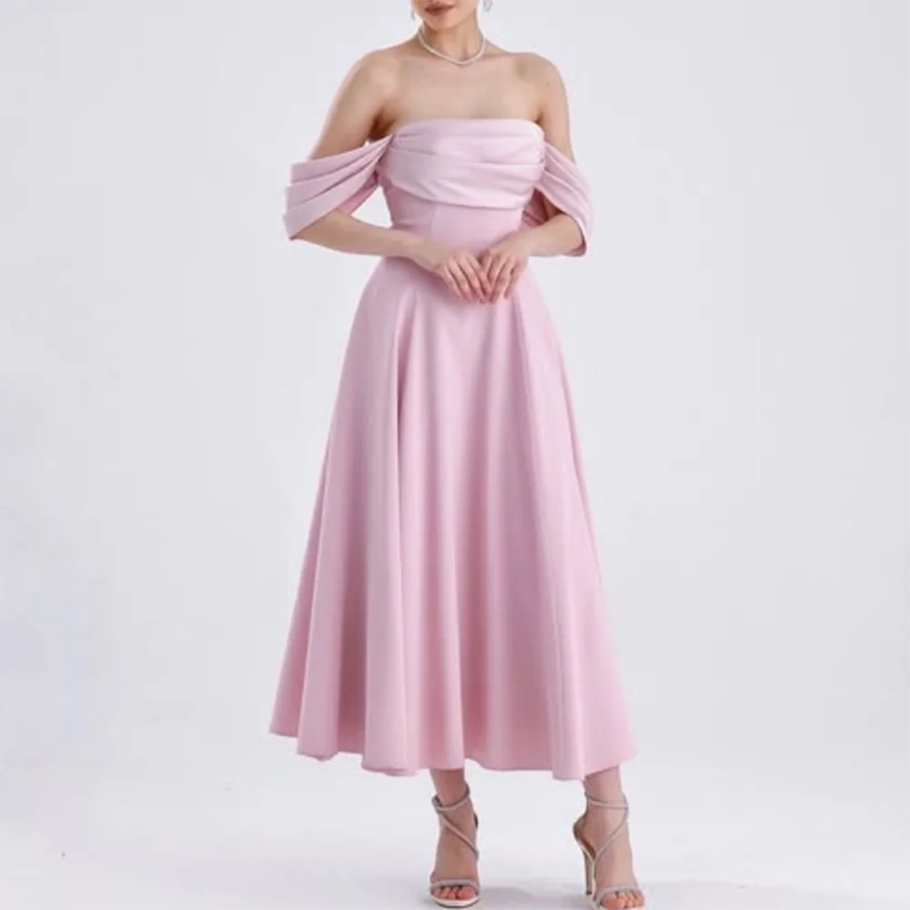 Customized Pink A-Line Prom Dresses Tea-Length Off The Shoulder Sleeveless Evening Gown Simple Fashion Pleat Draped Party Gown
Customized Pink A-Line Prom Dresses Tea-Length Off The Shoulder Sleeveless Evening Gown Simple Fashion Pleat Draped Party Gown
