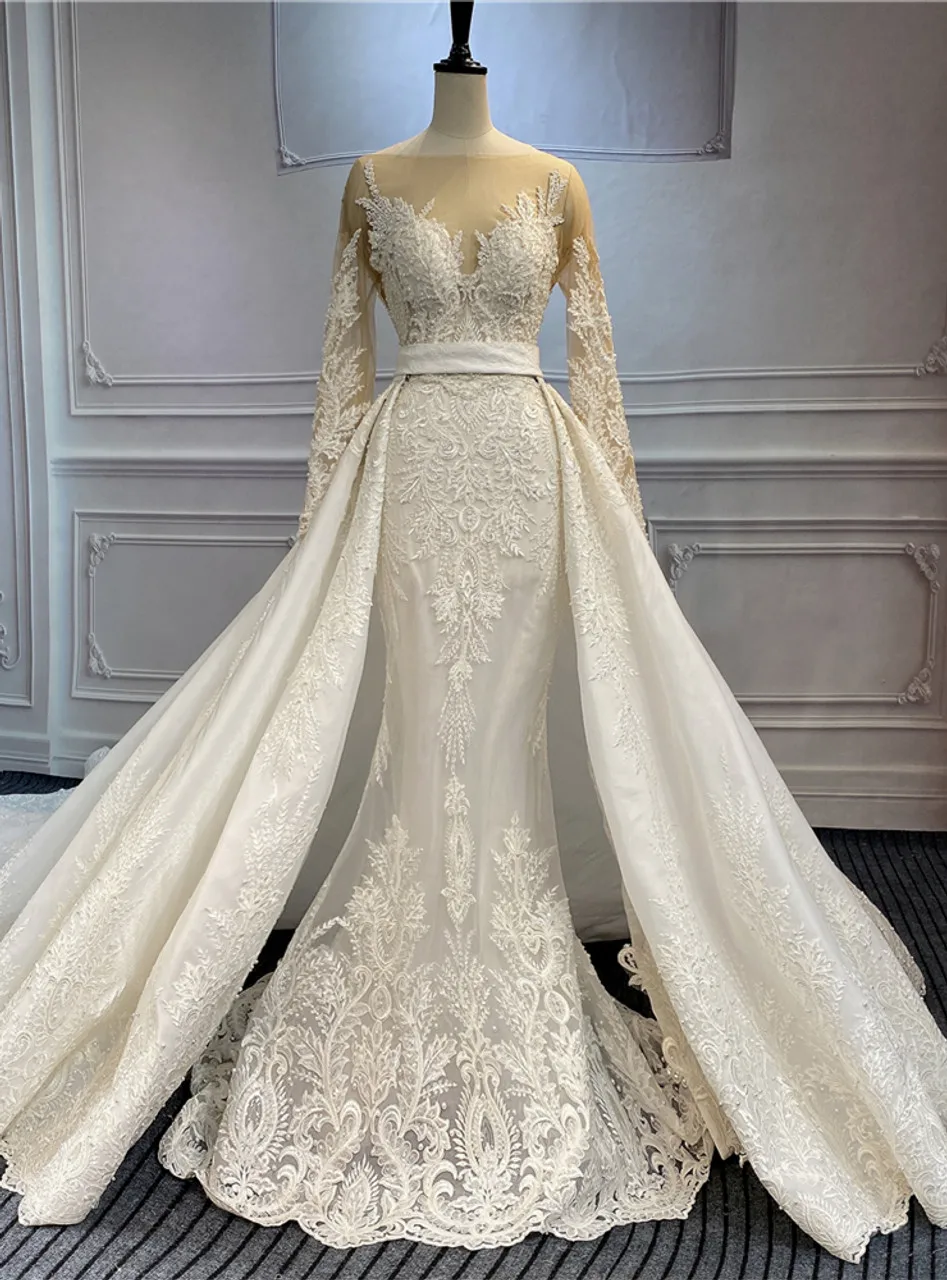 Mermaid Long Sleeve floral Wedding Dresses with detachable train lace applique backless princess royal bridal gown
Mermaid Long Sleeve floral Wedding Dresses with detachable train lace applique backless princess royal bridal gown