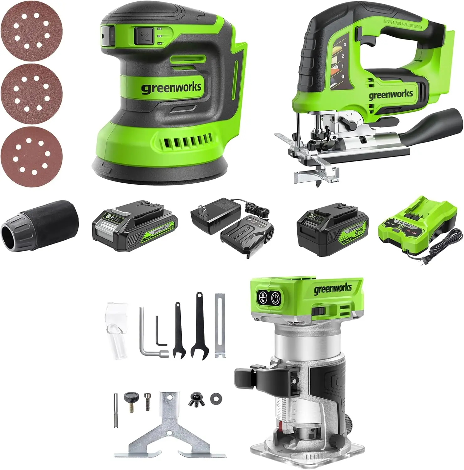 24V Brushless 3-Tool Combo Kit,Cordless Jigsaw+Compact Wood Router+Orbital sander Power Tool Sets Including 2 Batteries
24V Brushless 3-Tool Combo Kit,Cordless Jigsaw+Compact Wood Router+Orbital sander Power Tool Sets Including 2 Batteries