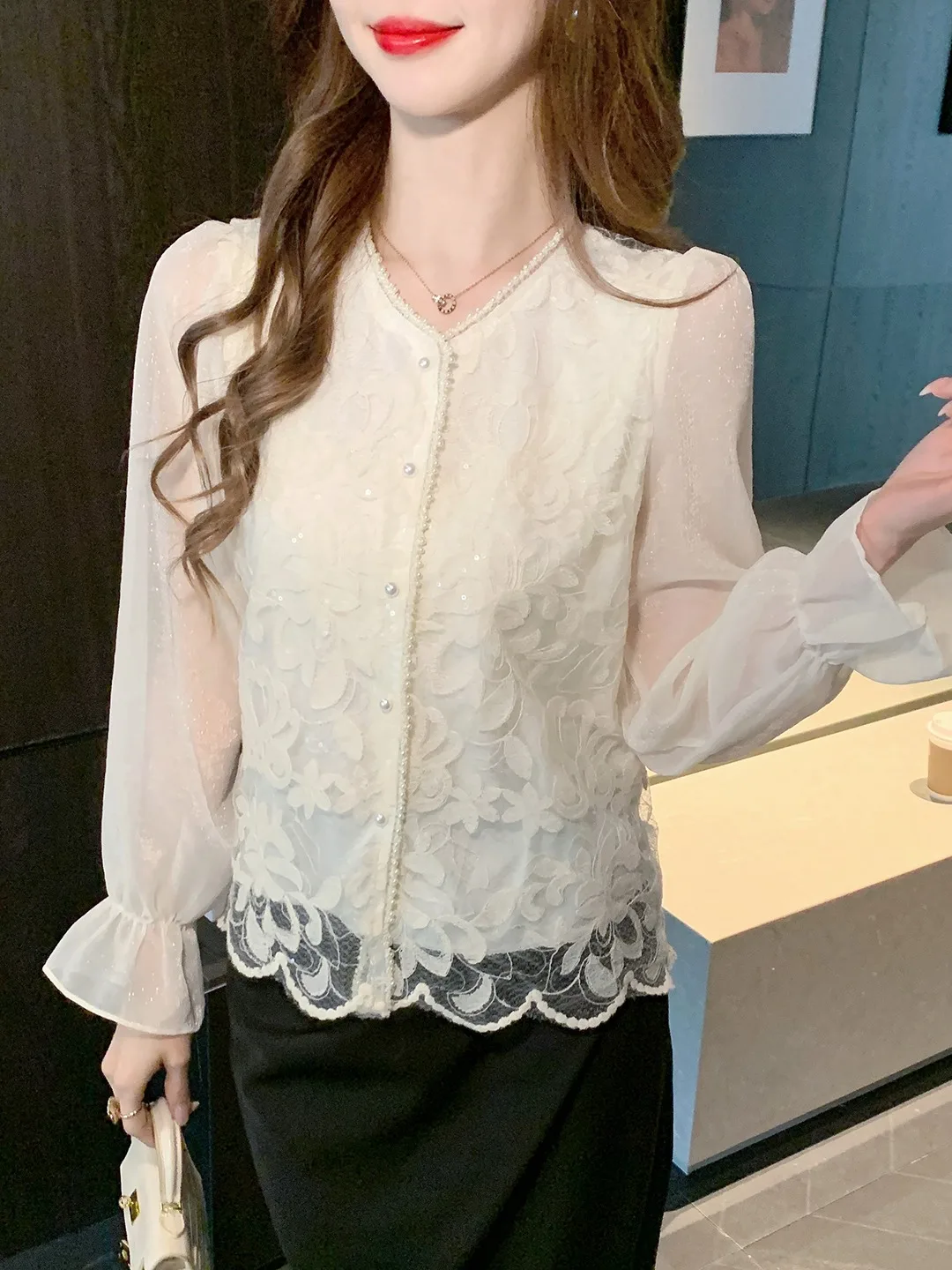 Ele Embroidered Lace Patchwork irt Women's Early Spring Unique Beautiful Lovely Design Sense Long Sve round Ne
Ele Embroidered Lace Patchwork irt Women's Early Spring Unique Beautiful Lovely Design Sense Long Sve round Ne