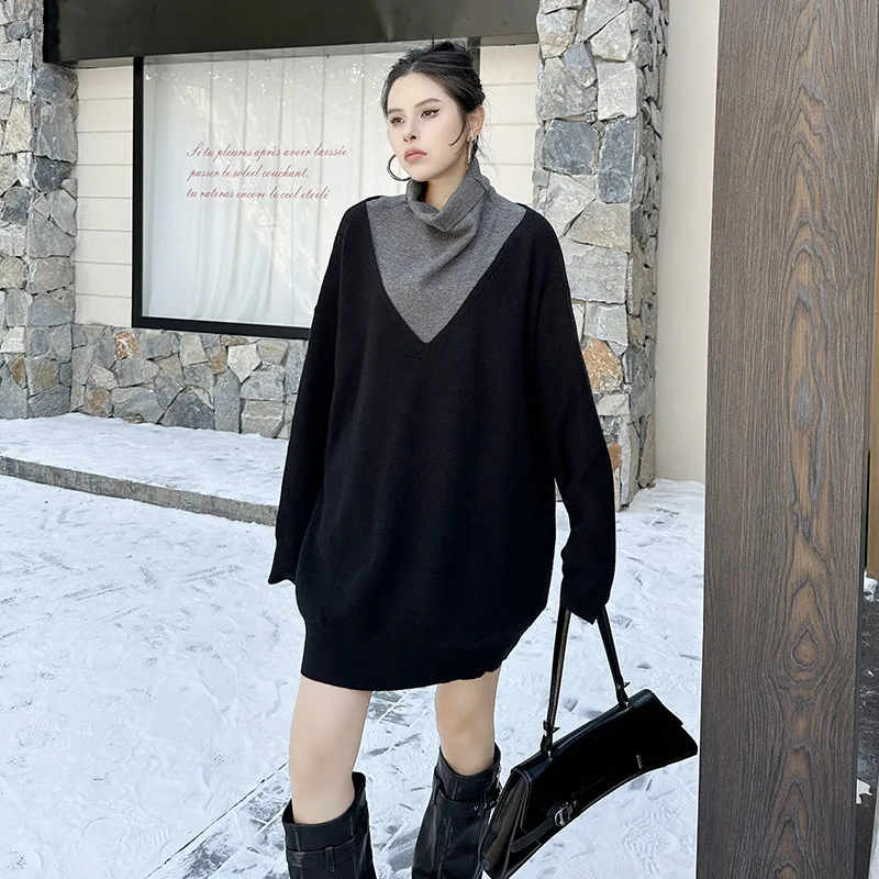 High neck warm sweater for women, color blocked long knit sweater for women, loose sweater for autumn and winter
High neck warm sweater for women, color blocked long knit sweater for women, loose sweater for autumn and winter