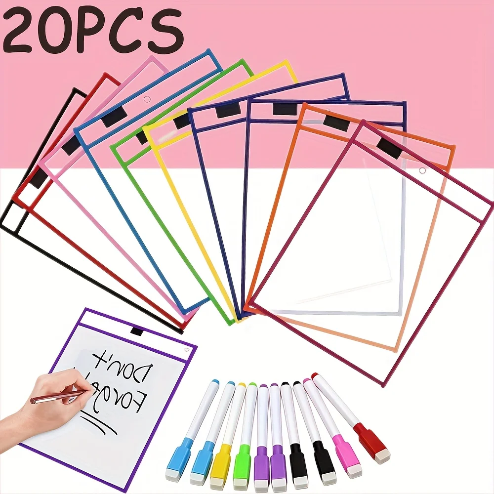 20 Pcs Reusable Dry Erase Pockets Set, Extra Large Writing Erase Pockets, Transparent Protective Covers, Teacher School Classroom Supplies (10 Dry Erase Pockets + 10 Pens)
20 Pcs Reusable Dry Erase Pockets Set, Extra Large Writing Erase Pockets, Transparent Protective Covers, Teacher School Classroom Supplies (10 Dry Erase Pockets + 10 Pens)