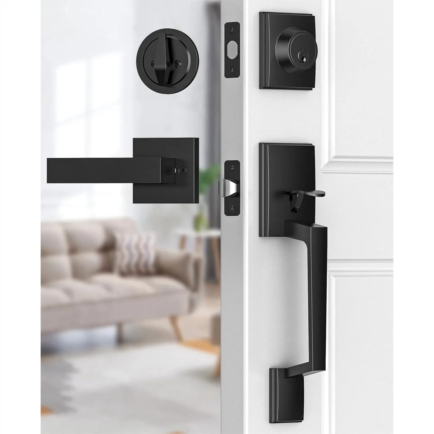 Matte Black Front Door Handle Set with Door Lever, Adjustable Deadbolt Single Cylinder Reversible for Right/Left Hand Doors
Matte Black Front Door Handle Set with Door Lever, Adjustable Deadbolt Single Cylinder Reversible for Right/Left Hand Doors